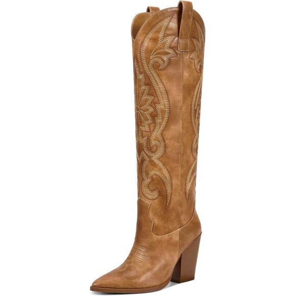 Shoes - Women's Knee High Western Embroidered Chunky Heel Tall Brown Boots